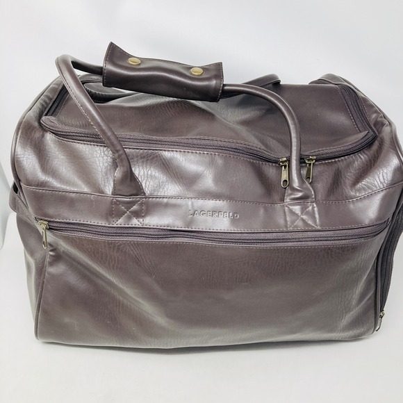 KARL LAGARFELD PARFUMS Duffle Bag Brown faux leather large travel Gym Bag 18x13" - Picture 9 of 14